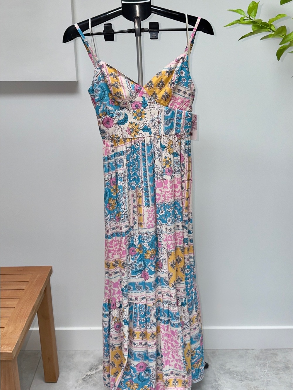 Mimi Floral Patchwork Maxi Dress with Spaghetti Straps, Blue, Pink & Yellow